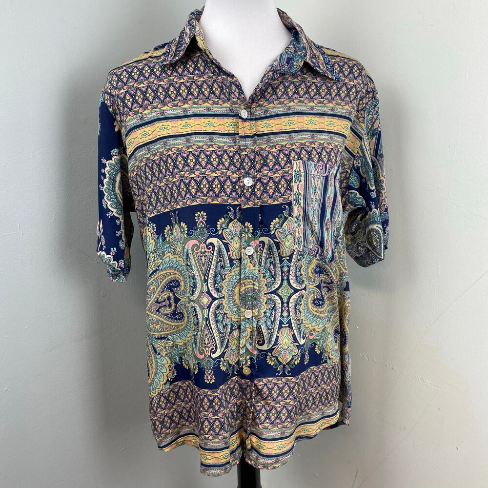 Earthbound Boho Paisley Button Down Short Sleeve Blouse XL